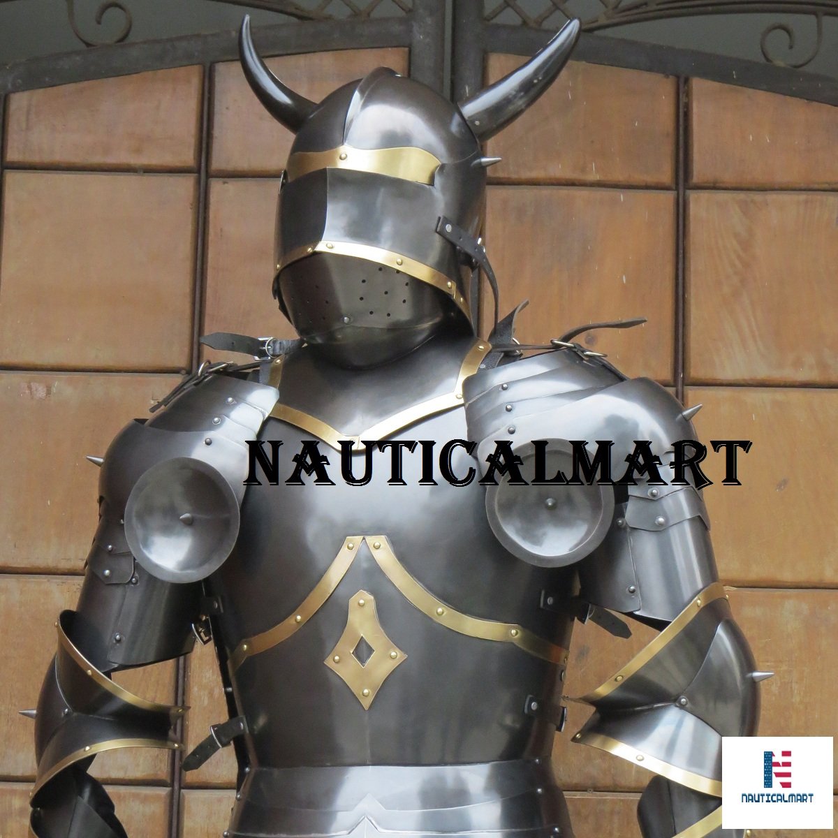 NauticalMart Gothic Knight Full Suit of Armor with Horns 15th Century Black Antique Armour
