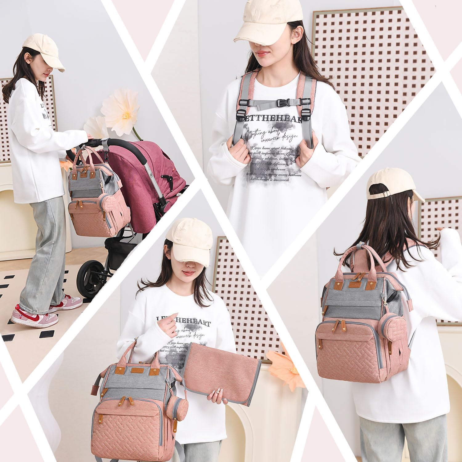 Diaper Bag Backpack Baby Bag for Mom Dad with Changing Pad, 19 Pockets, Large Waterproof Travel Baby Girl Boy Toddle Diaper Bag with Insulated Pocket, Baby Shower Gifts, Pink Grey - Image 8