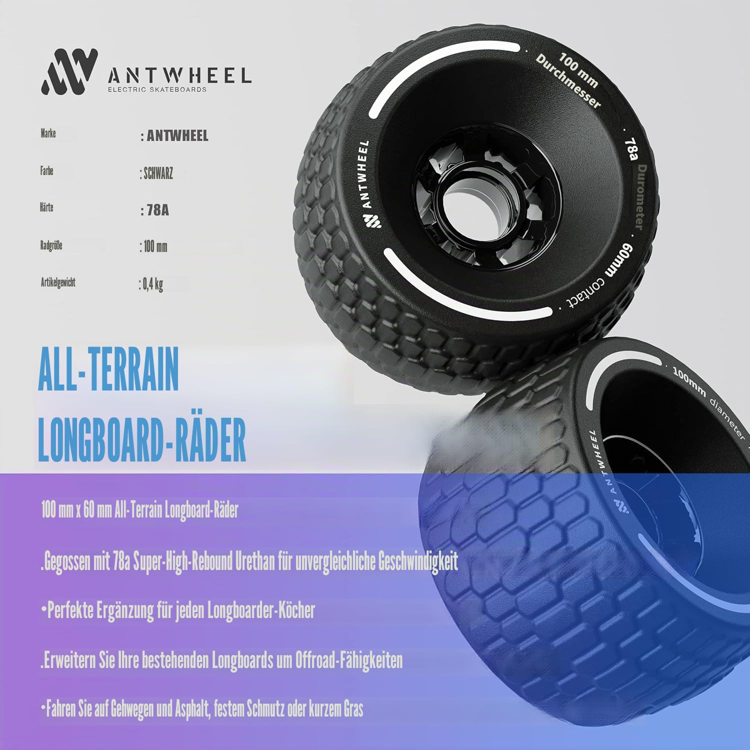 All-Terrain Longboard-Räder, 100 mm, Elektro-Skateboard-Räder, 78 A, hohe Rebound-Räder, Urethan-Räder