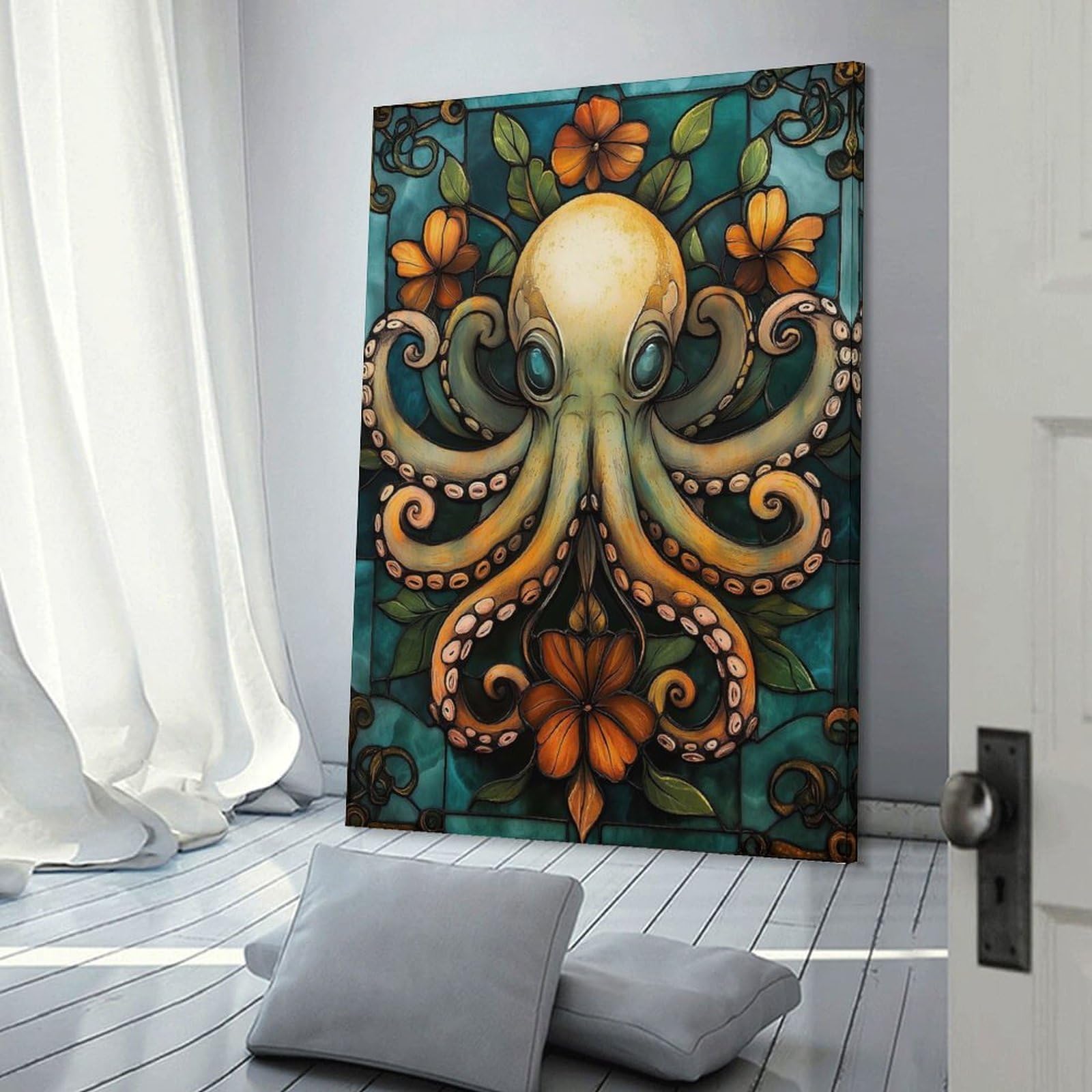 Junmoney Frame-Style-16-1 Canvas Wall Art Octopus Stained Glass Art, 16X24inch(40X60cm), For Lounge Decor, Bedroom Walls Or Flats, Eye Catching Artwork For Blank Walls