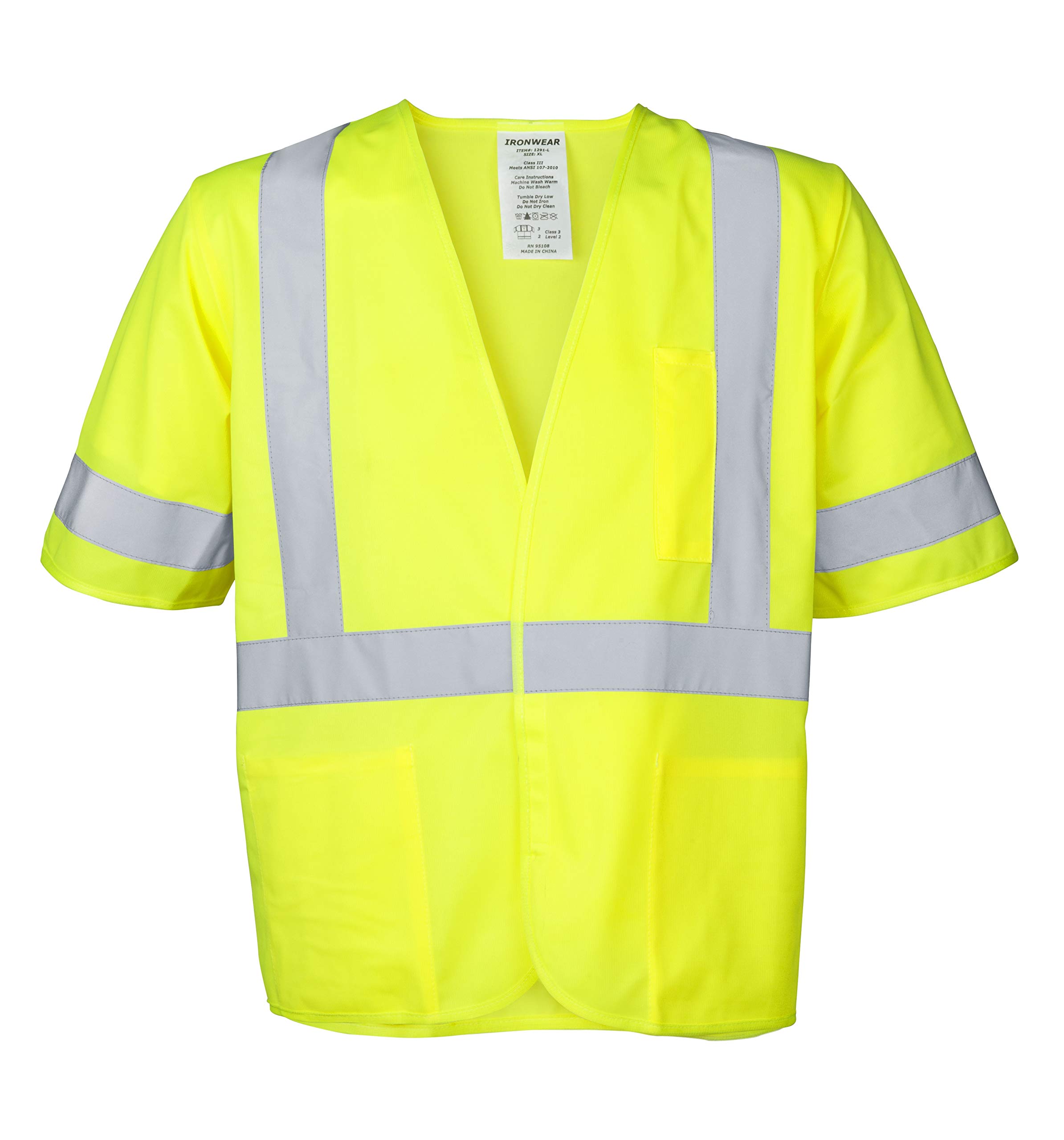 Ironwear 1291-L-2-M ANSI Class 3 Polyester SAFETY Vest with 2" Silver Reflective Tape, Lime, Medium