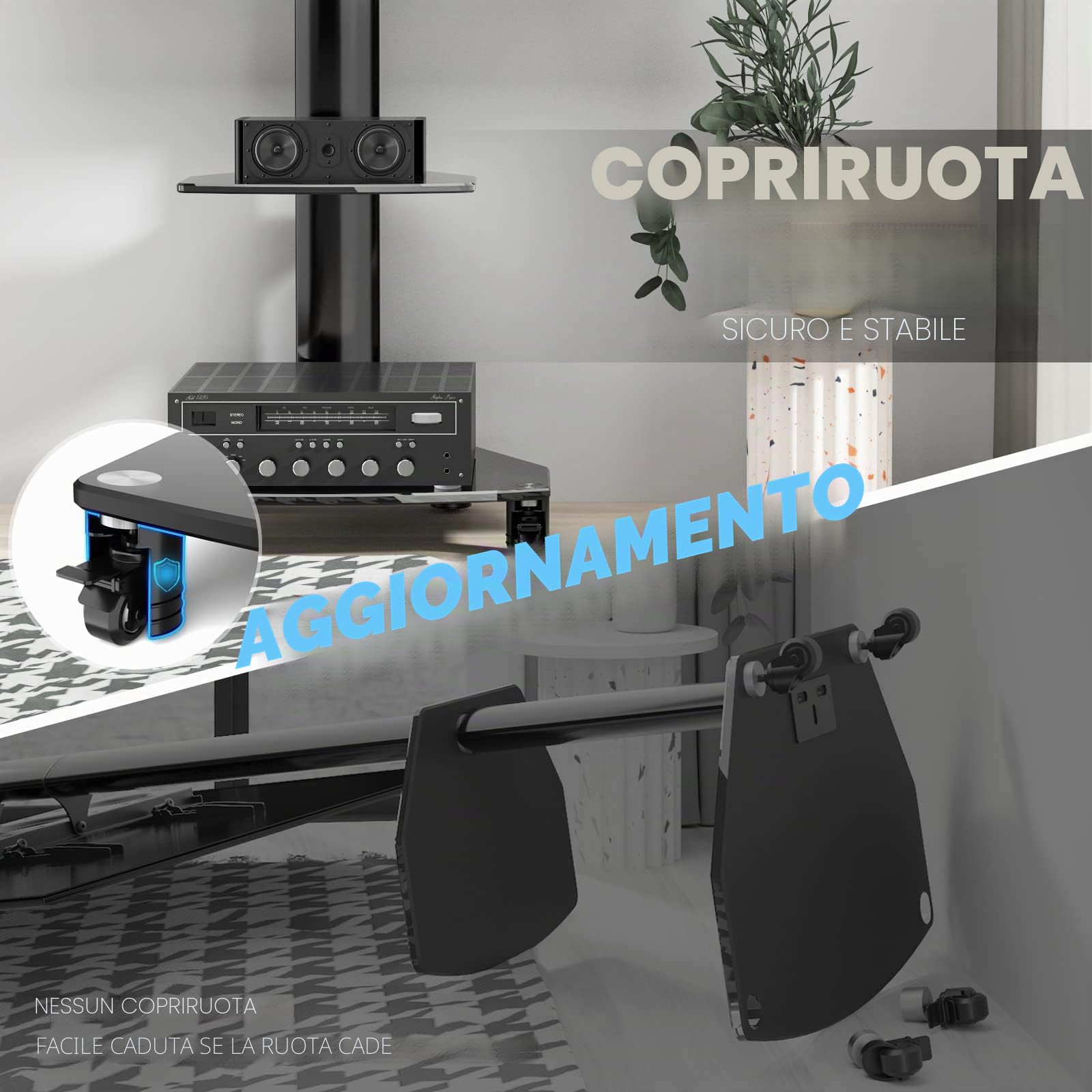 RFIVER Carrello Porta TV con Ruote per TV LCD LED OLED Plasma Piatto Curvo 27-70 Pollici, Supporto TV da Pavimento Mobile Sopportare 50kgs / Ruota di 45°/ Vetro Temperato