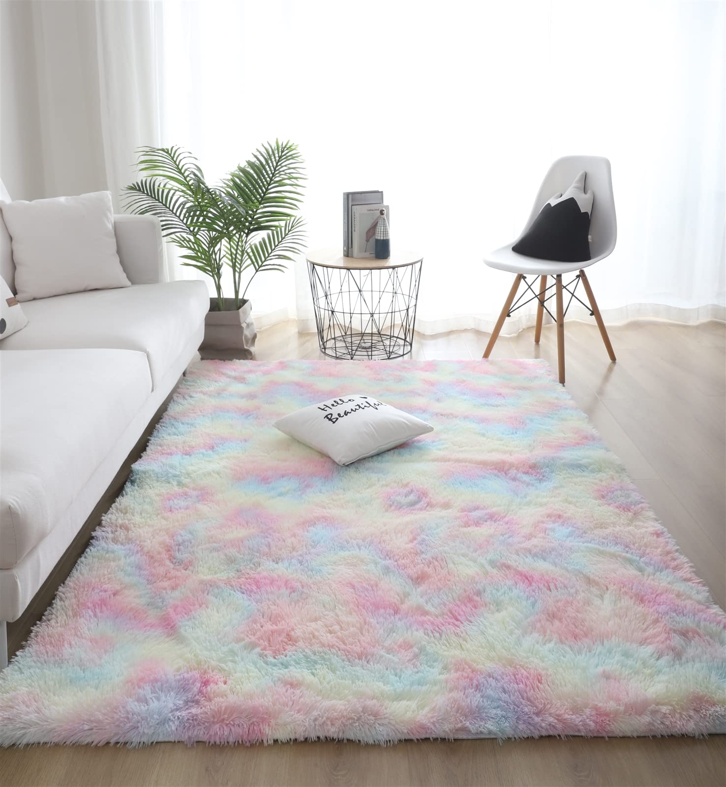 Insun Nodic Faux Fur Fluffy Tie Dye Rectangle Area Rugs for Living Room Non Slip Indoor Bedroom Carpets Sofa Large Rug Rainbow 15.7"x23.6"