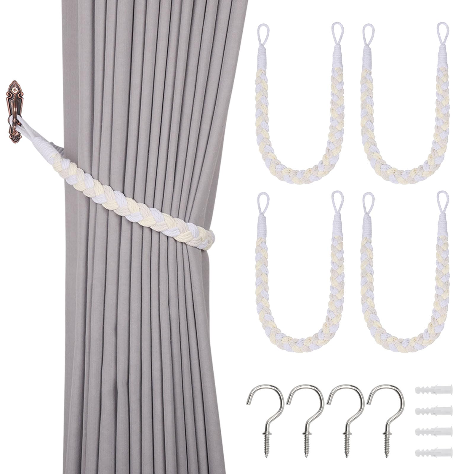 Pretty Jolly 4 Pack Natural Cotton Rope Curtain Tiebacks Elegant Boho Style Decorative Drape Tie Backs Soft Hand-Woven Rope Curtain Holdbacks with Metal Hook for Home & Office Drapery (Beige & White)