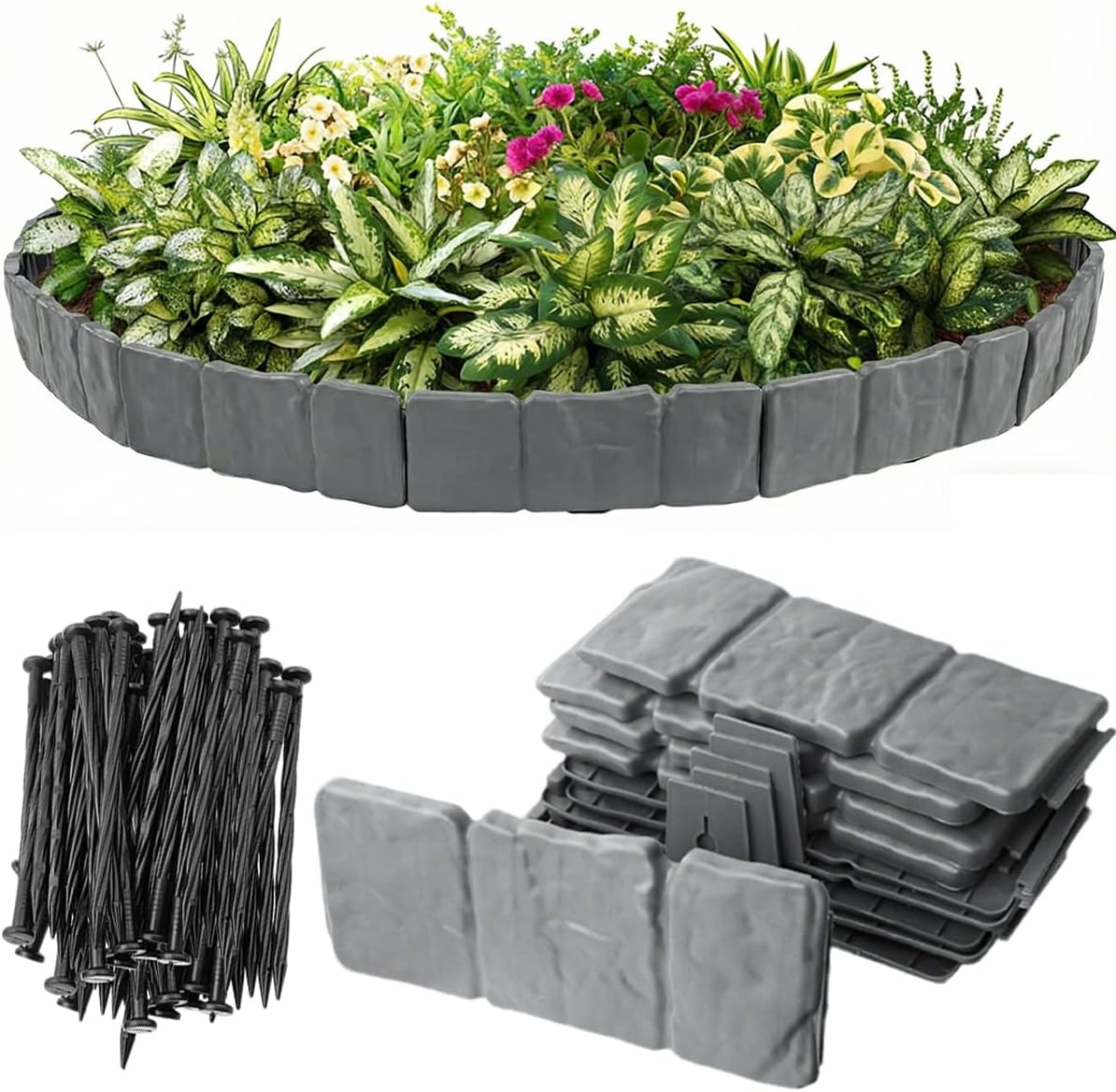 Landscape Edging, 4 Inch Tall Faux Stone Edging for Landscaping, 40pcs Plastic Garden Edging Border (Total 32FT) for Flowerbeds, Yard, with 40pcs Anchoring Spikes, Greystone