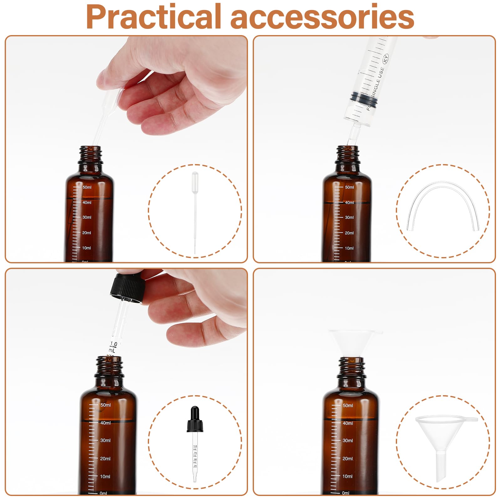 Frascos cuentagotas de vidrio marrón 50 ml, antirayos UV, para aceites esenciales, perfume, aromaterapia