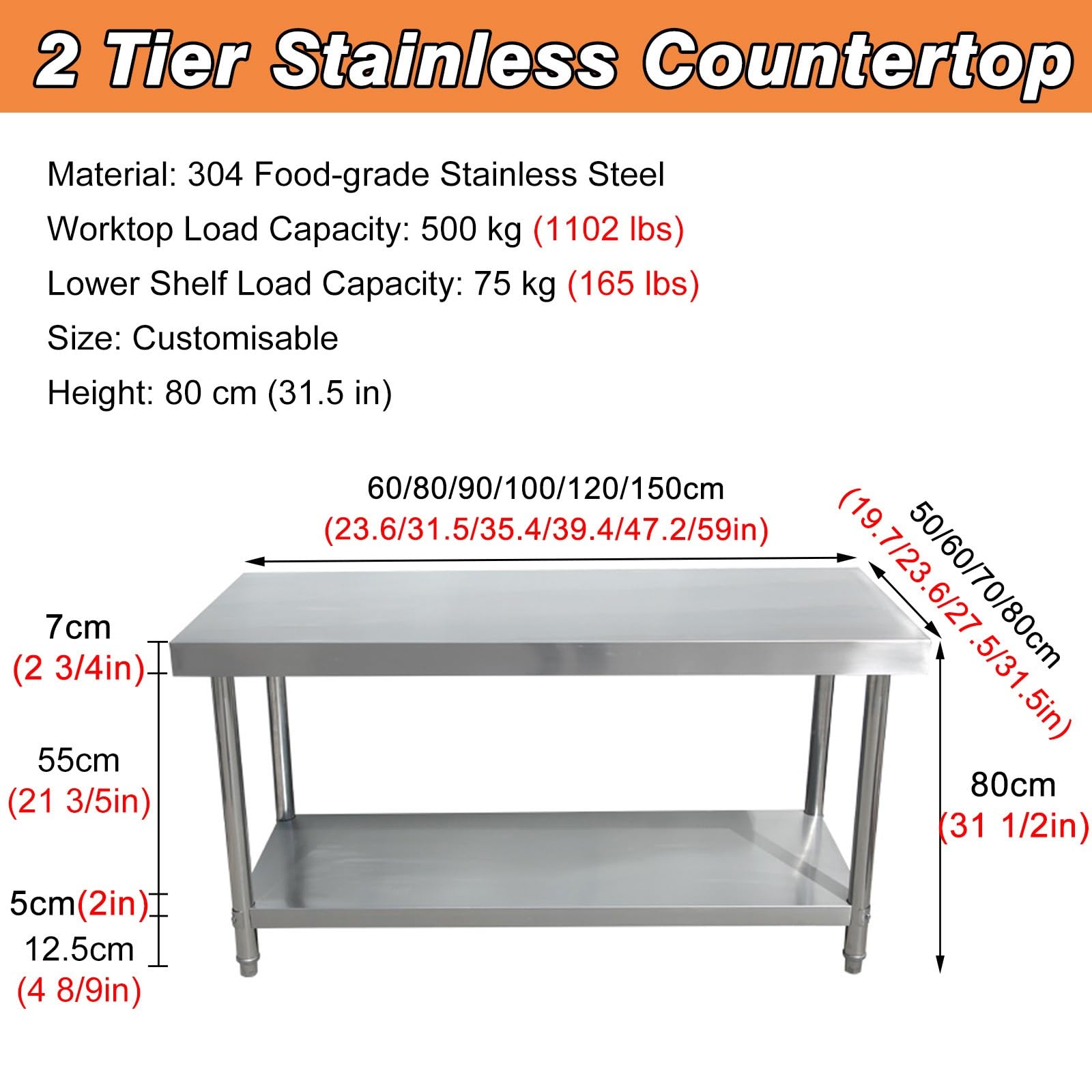 Vorbereitungstisch, 30" Küchenarbeitstisch aus Edelstahl - Gewerbliche Lebensmittelzubereitungsstation, 2-stufiger Metallinseltisch für Labore und Garagen, 120 x 70 cm (47,2 x 27,5 Zoll)