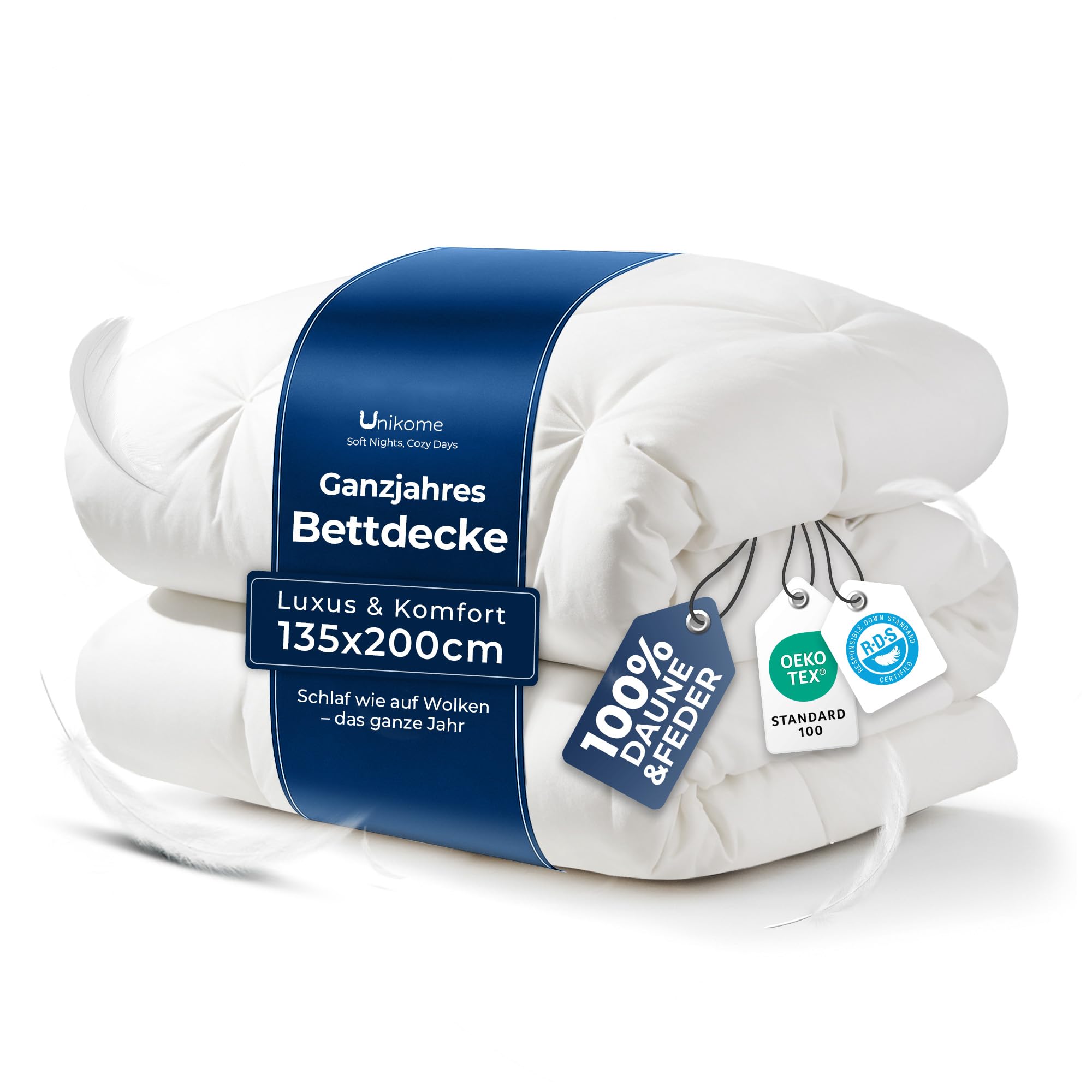 UNIKOME Bettdecke 135x200cm, Daunendecke Mit 100% Baumwolle Bettzug, Ganzjahresdecke Mit 1134g Daunen|Feder Füllung, 3D Flaumige Konstruktion Duvet Atmungsaktiv,Waschbar, Öko-Tex, RDS, Weiß