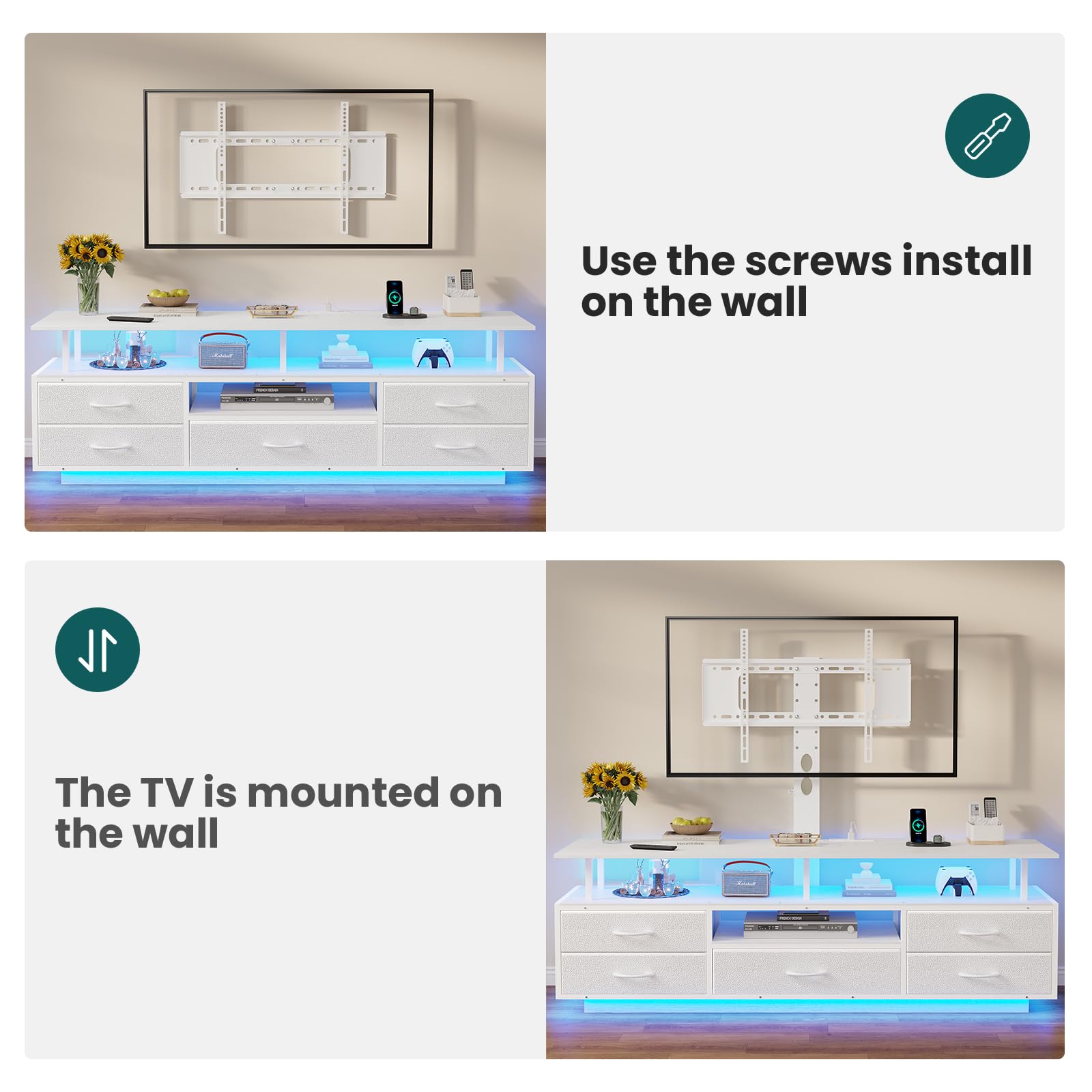 BTHFST TV Stand with Mount for 45/55/65/70 inch TVs, 51.2" LED TV Stand with Power Outlets & Storage, Entertainment Center with Storage, Wihte