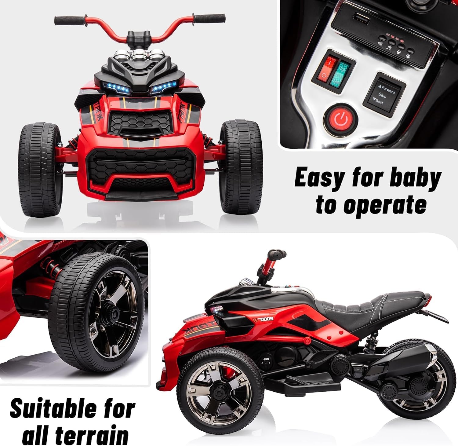 Hetoy Kids Electric Ride on Truck Car, 7MPH, 2 Speeds, 2x55W Motor, LED Lights, Music, USB & EVA Tires, 12V 3 Wheel Battery Powered Toy Vehicle for Toddlers, Gift for Boy Girl (Red)