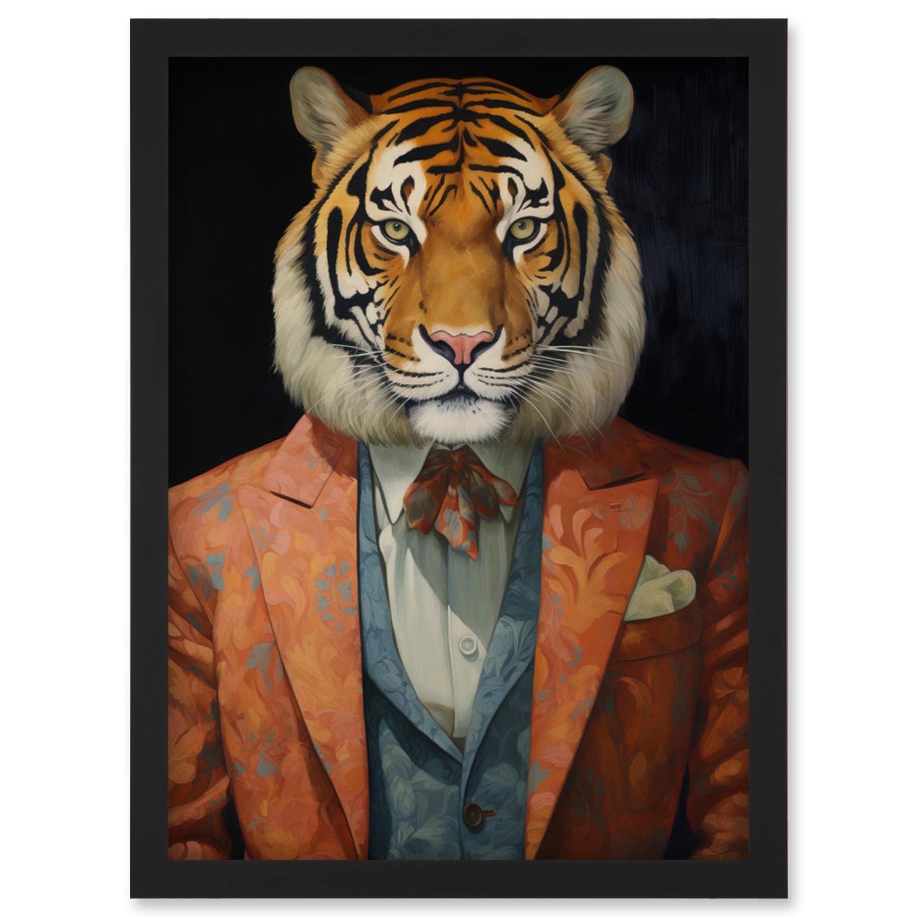 Artery8 Tiger About Town Artwork Coral Pink and Cerulean Blue Suit Conceptual Portrait Artwork Framed Wall Art Print A4