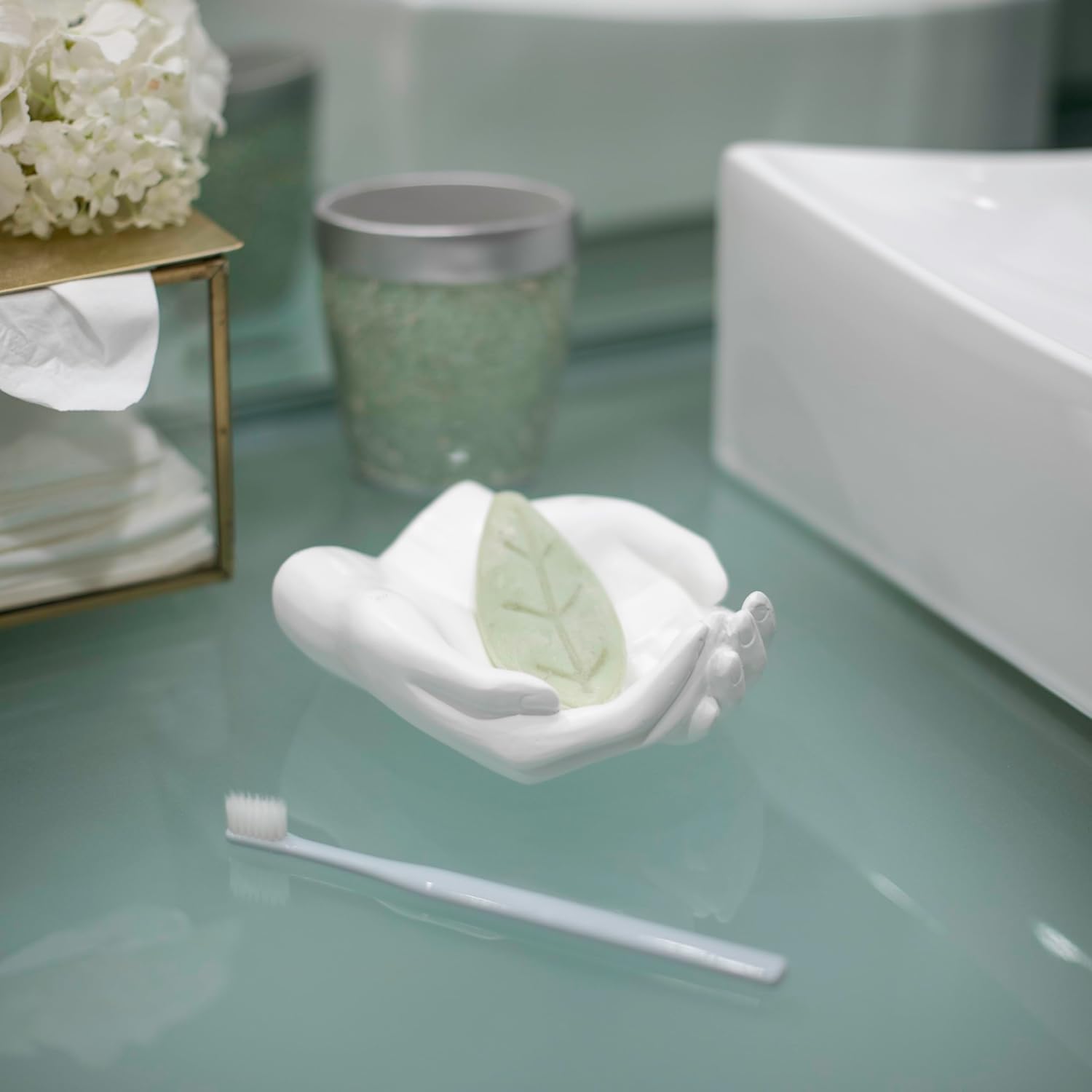 Danya B. CSK8076 Handle with Care Hands Holder, White Poly Resin Decorative Tray, Key Ring Jewelry Candle Trinket or Candy Dish, 5.25" W
