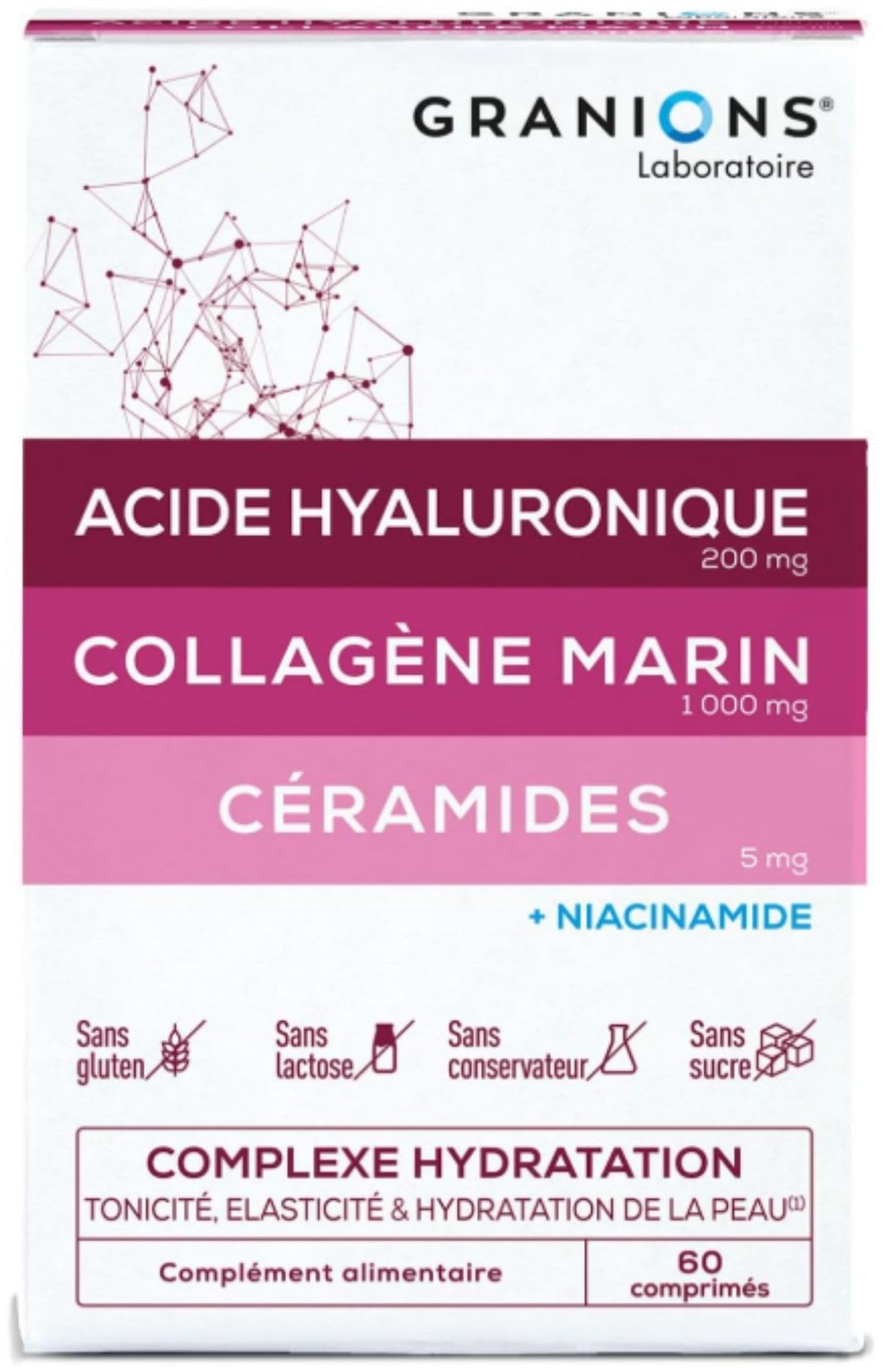 GRANIONS COLLAGENE MARIN 1 mois | Collagene et Acide Hyaluronique - Collagene marin + Acide Hyaluronique + Niacinamide + Ceramides - Anti ride - Hydratation, Elasticité, Tonicité peau -​60 comprimés