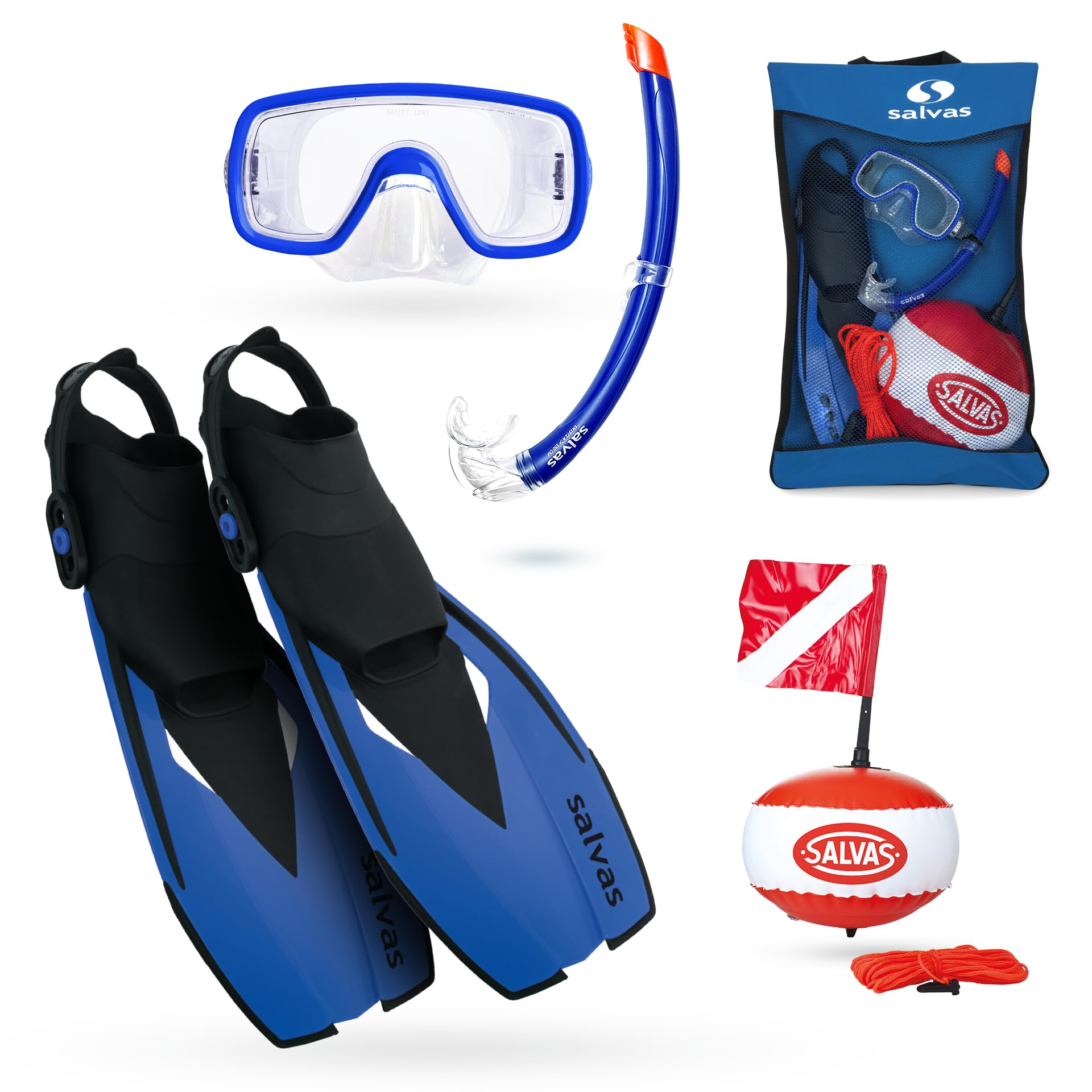 Salvas Sub Ultimate Set Snorkeling S/M - Maschera Snorkeling + Boccaglio Tubo Snorkel + Pinne Regolabili 36/41 + Boa di Segnalazione con Bandierina - Kit Snorkeling, Apnea ed Immersioni