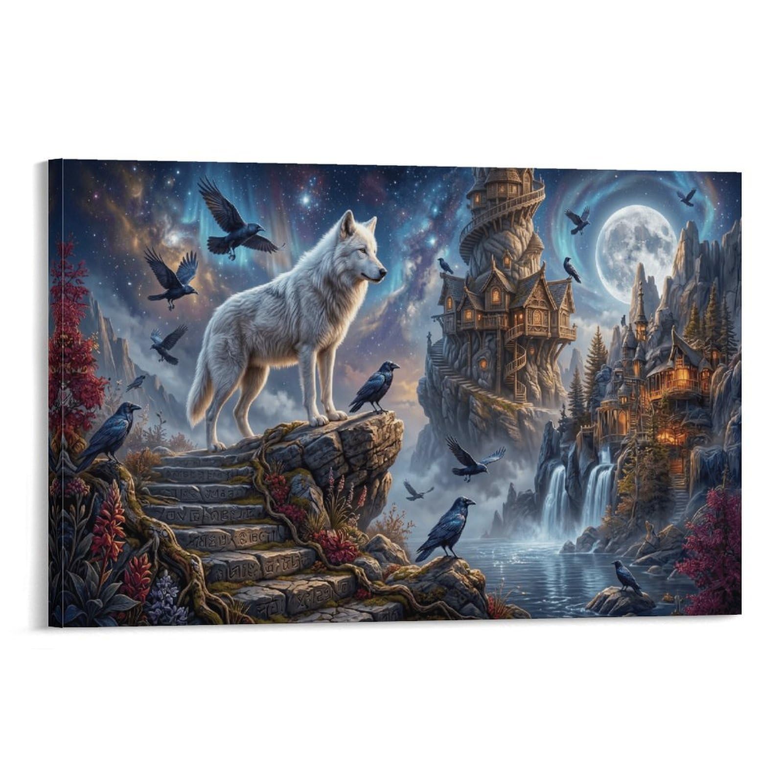 XPASHIQWC White Wolf Wall Decor Poster Moonlit Ancient Castle Giclee Canvas Prints Modern Wall Art Picture Wall Hanging for Dining Room Kitchen Home Office Decor 20x30inch(50x75cm)