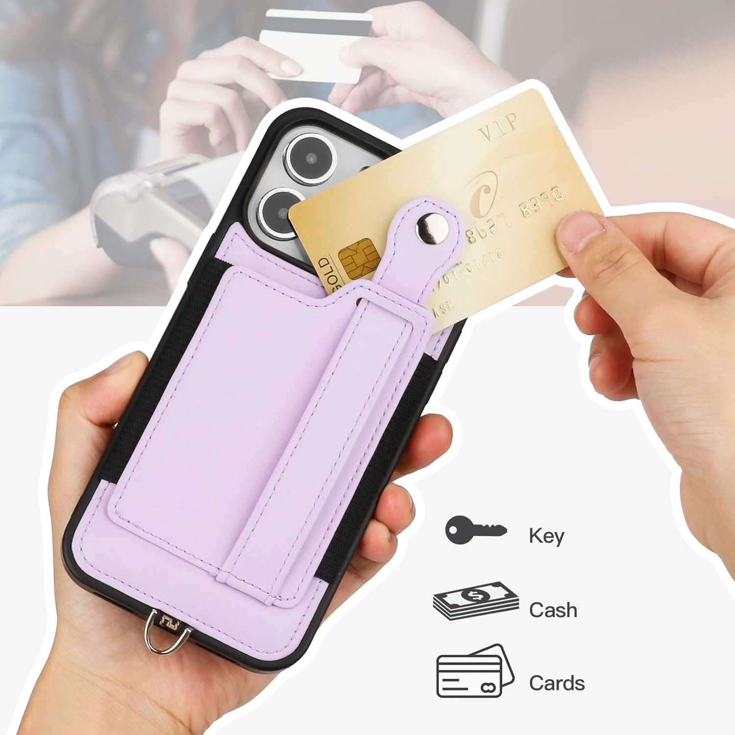 TOOVREN Phone Cover for iPhone 15 Pro Wallet Case with Card Holder Stand Neck Strap PU Leather Cover Fits iPhone 15 Pro Case with Wallet Lanyard Kickstand Detachable for Women Men 6.1 inch Purple