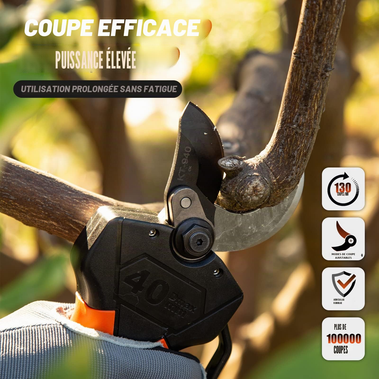 Kebtek Sécateur électrique sans fil de 40 mm avec tige d'extension, moteur sans balais 18 V, 2 Ah, batterie rechargeable, écran LCD (KT940-SET)