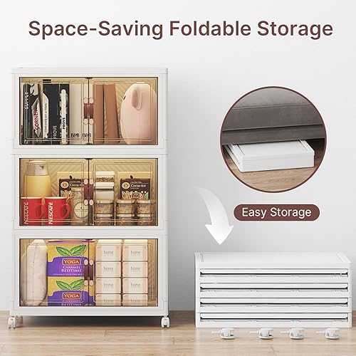 Miniatura 4 de Contenedores de almacenamiento apilables de 165 cuartos de galón con tapas, gabinete de plástico con puertas y ruedas, paquete de 3 cajas plegables,