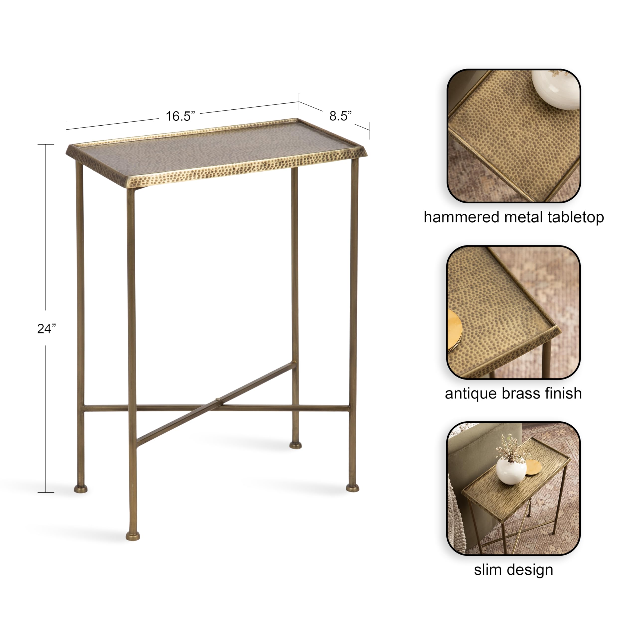 Kate and Laurel Sanzo Transitional Metal Skinny Side Table, 17 x 9 x 24, Antique Brass, Rectangular Slim Bedroom Nightstand with Hammered Tabletop for Use as Bedside Accent or Living Room End Table
