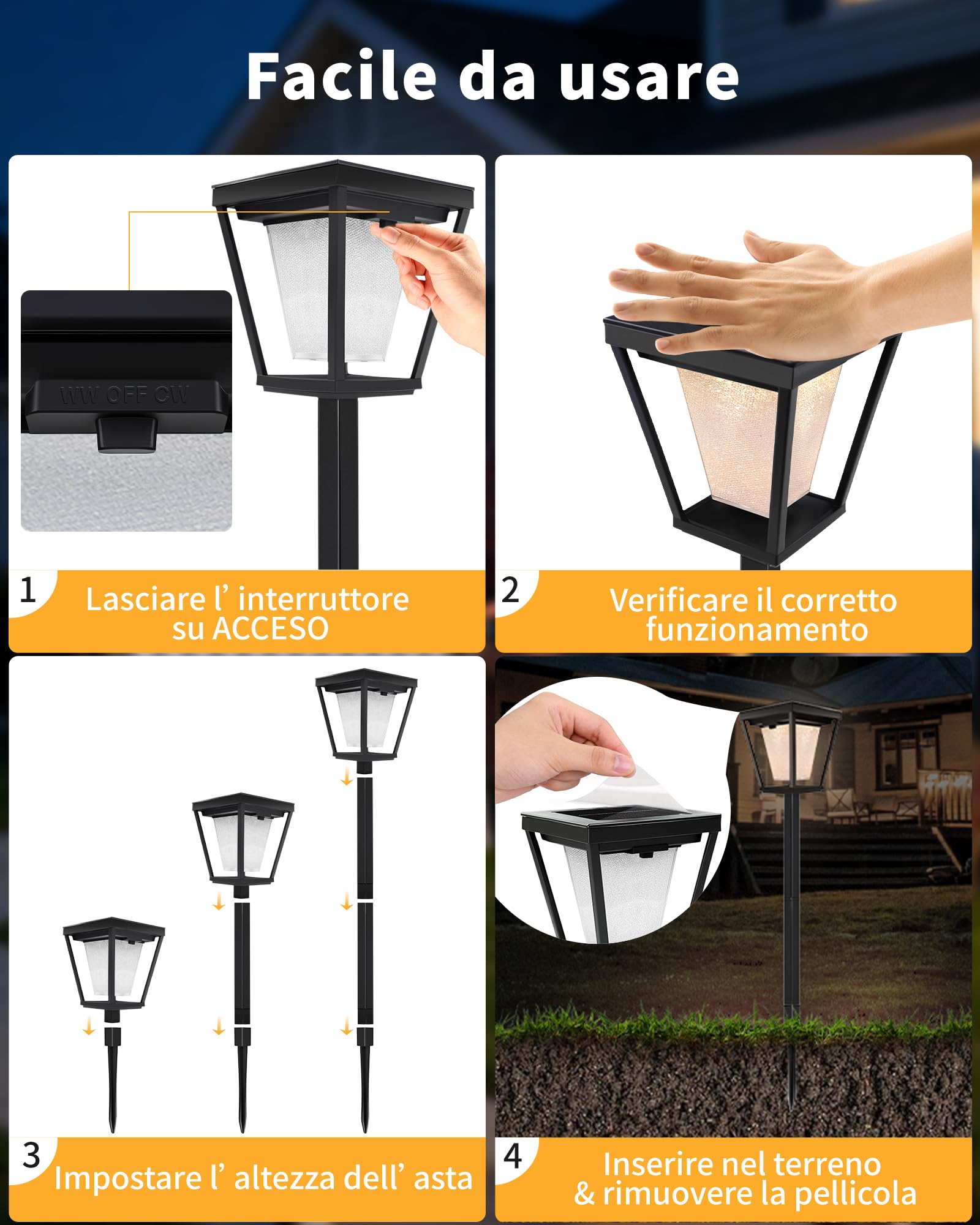 BRIMAX Lampade Solari da Giardino con Picchetto, 3000K/6000K Regolabili | 4 pezzi, IP65 impermeabili, accensione automatica, per vialetto, terrazza, giardino, sentiero, decorazione esterna