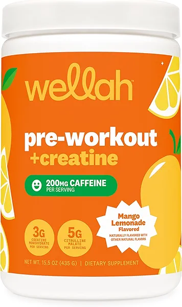 Wellah Pre-Workout + Creatine Powder (30 Servings) Mango Lemonade - 200mg Caffeine, 3g Creatine Monohydrate, 5g Citrulline Malate, Pre-Workout with Creatine Supplement