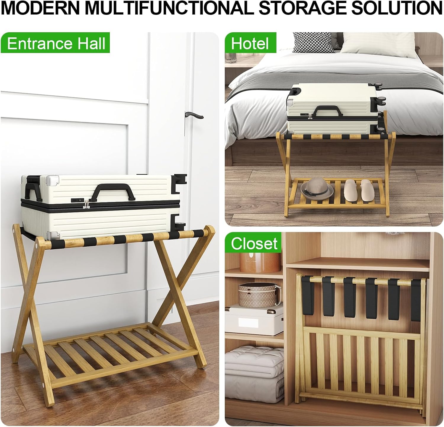 Folding Luggage Rack, 26'' Wood Suitcase Stand with X-Shape Design, Heavy-Duty Nylon Straps for Guest Room, Hotel, Bedroom (Natural wood)