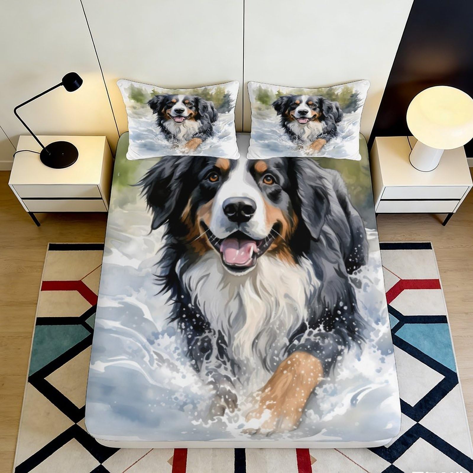 3D Printed Bernese Mountain Dog Fitted Sheet Microfiber Deep Pocket Non-Slip Bernese Dog Mattress Fitted Cover for Bedroom 200x200x25cm