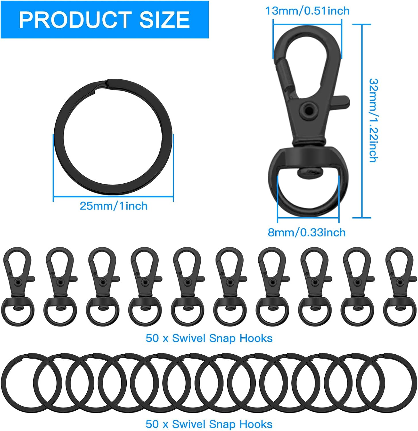 Ximalun 100Pcs Black Metal Swivel Lobster Claw Clasps & Snap Hooks Keychain Hooks for Key Chain Purse Jewelry Making DIY Crafts