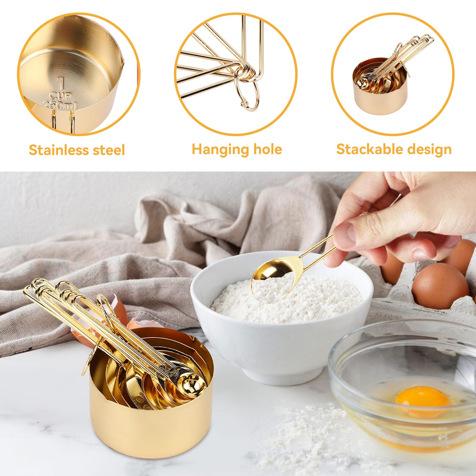 8 Tazze e Cucchiai Dosatori Professionali con Scala Graduata, Set di Misurini e Cucchiai in Metallo, Controllo Accurato delle Porzioni Con Scala da 1.25ml a 250ml