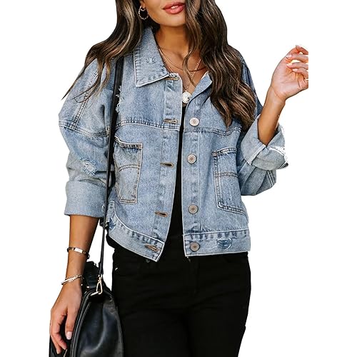ZOLUCKY Womens Denim Jacket Distressed Frayed Ripped Jean Jacket Casual Button Down Light Jackets