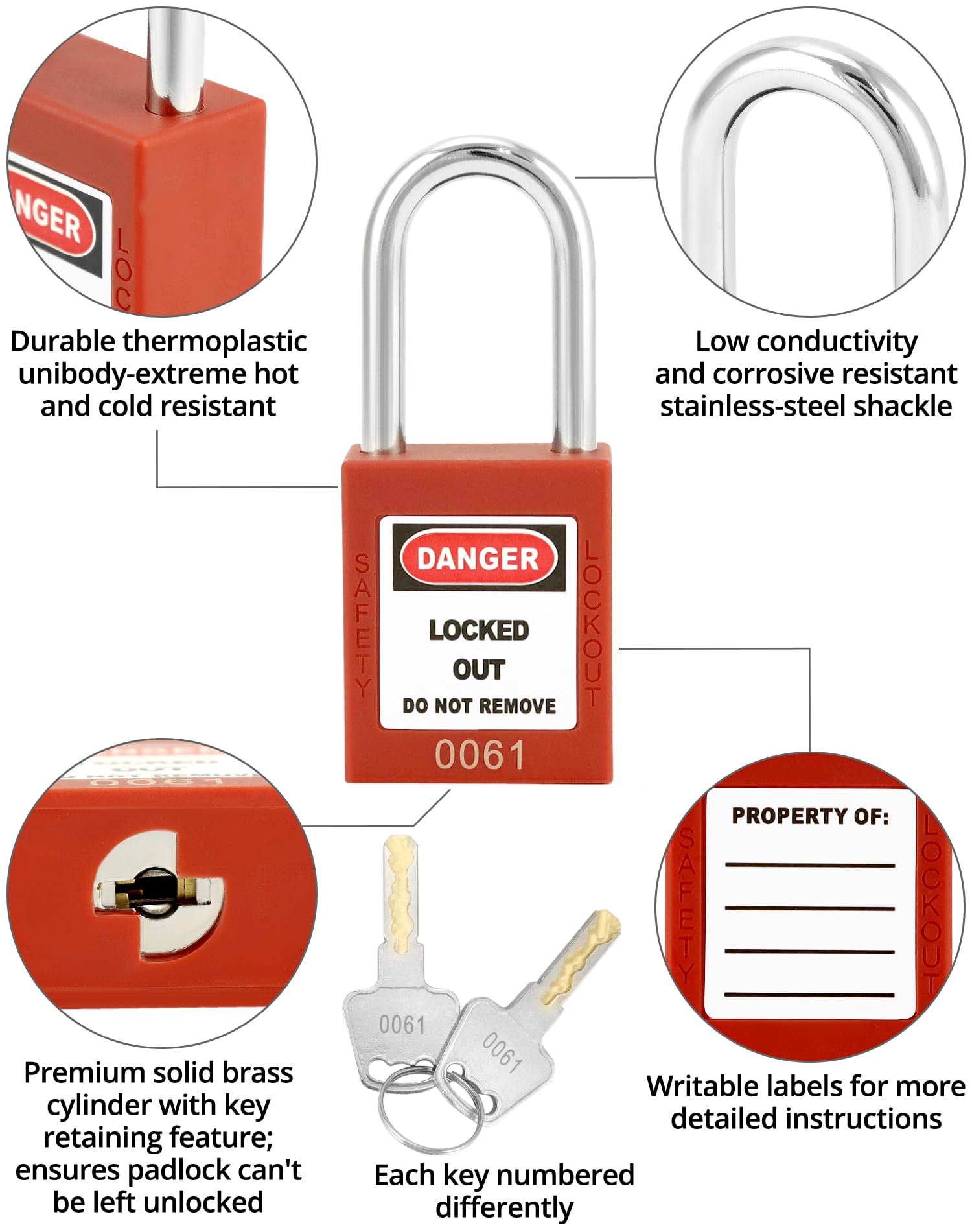 QWORK Kit de caja de bloqueo de etiquetado, con 10 cerraduras de loto diferentes con llave, caja de bloqueo de grupo portátil con 12 ranuras, para estación de etiquetado de bloqueo, rojo