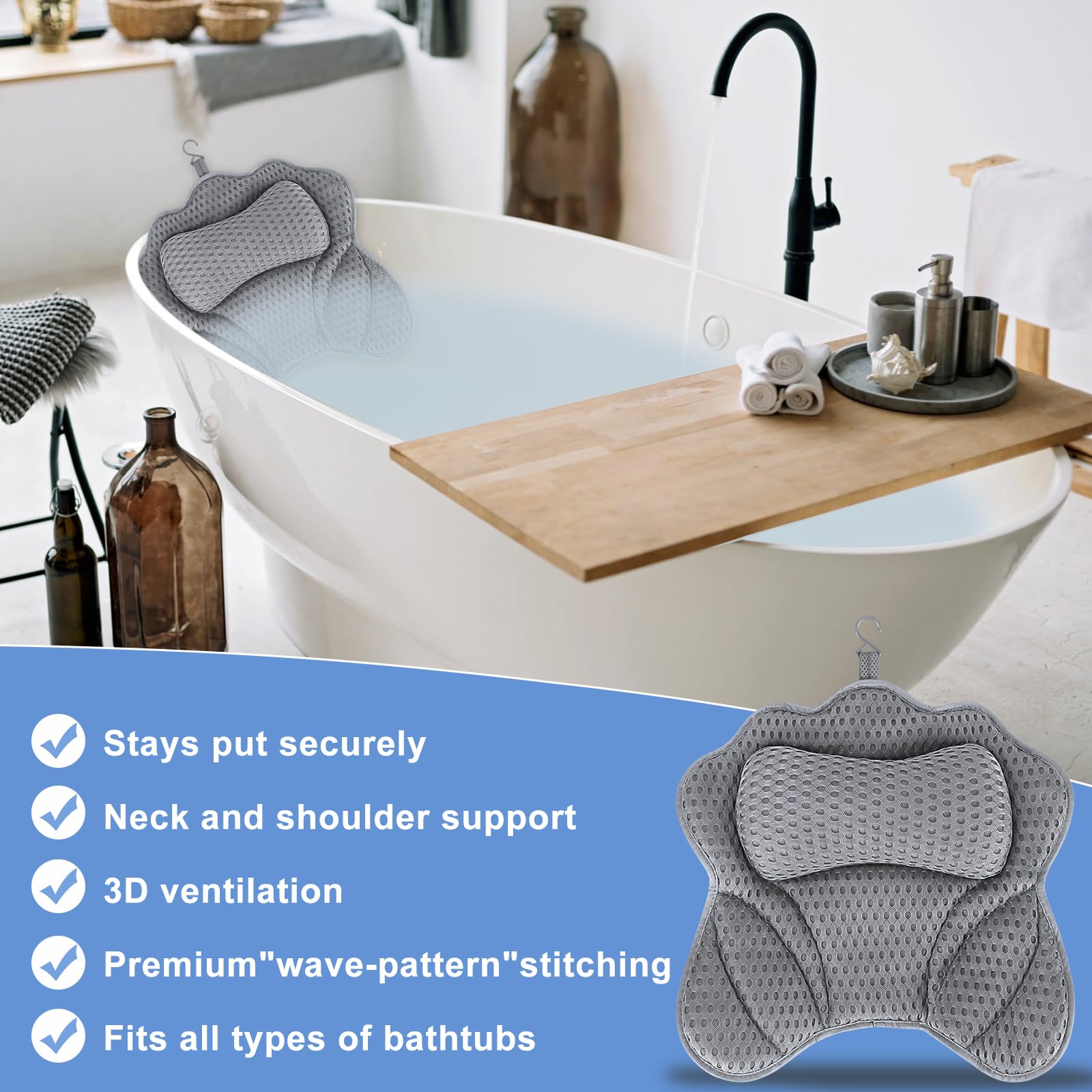 YIYADI Badewannenkissen Mit Saugnäpfen - Ergonomisches Nackenkissen Für Whirlpool & Home Spa