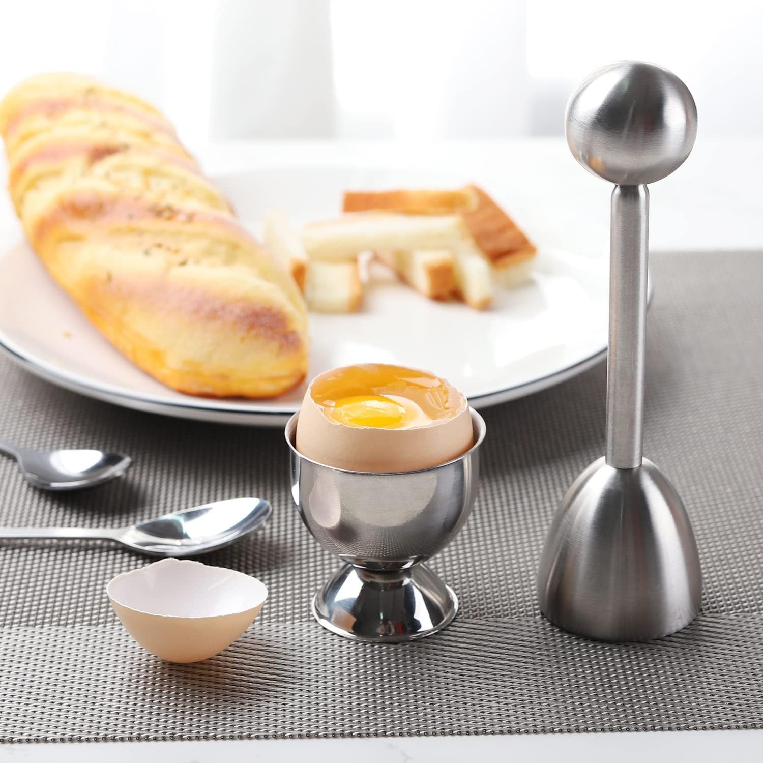 Ensemble De Coupe-œufs Durs Et Mous, Craquelins À Œufs, Coquetiers À La Coque En Acier Inoxydable, Ensemble De Décoration Pour Craquelins D'œufs Comprenant 2 Tasses, 2 Cuillères Et 1 Coupe-œufs