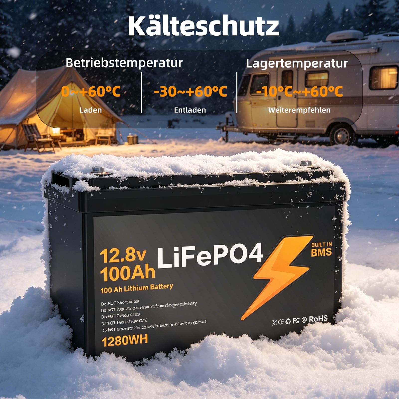12V 100Ah LiFePO4 Battery, Lithium Battery 1280Wh with 100A BMS, Deep Discharge Proof with Low Temperature Protection IP65, Maximal 4P2S in Reihe und Parallel Schaltbar, 2 Stück