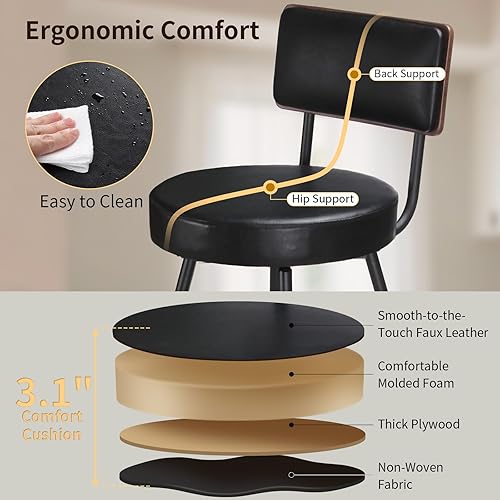Miniatura 6 de Taburetes de bar, 25 pulgadas, giratorios, altura de mostrador, juego de 2, taburete giratorio de piel sintética negra con respaldo de madera y