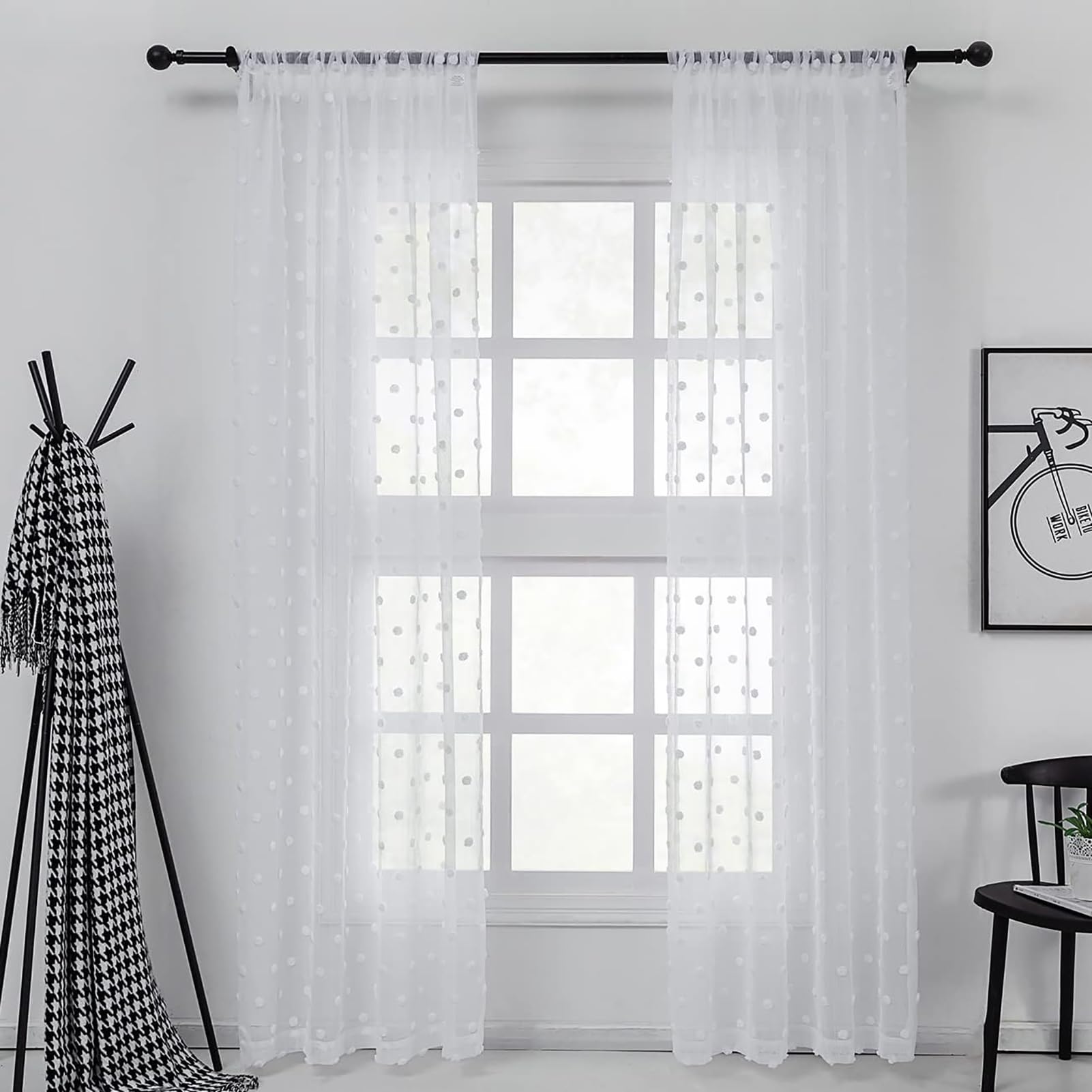 BOYOUTH Sheer White Pom Pom Curtains,Rod Pocket Light Filtering Transparent Voile Curtains and Drapes for Bedroom,Kitchen,Living Room Decorative,52 by 95 Inches,2 Panels
