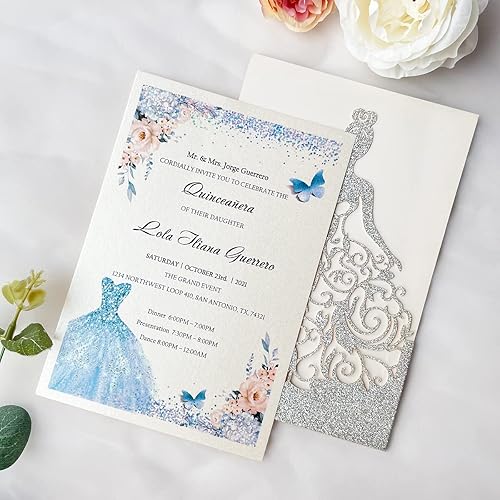 Miniatura 4 de 5.12 x 7.28 pulgadas, 50 piezas de invitaciones personalizadas de quinceañera con purpurina plateada, cortadas con láser, bolsillo hueco de princesa