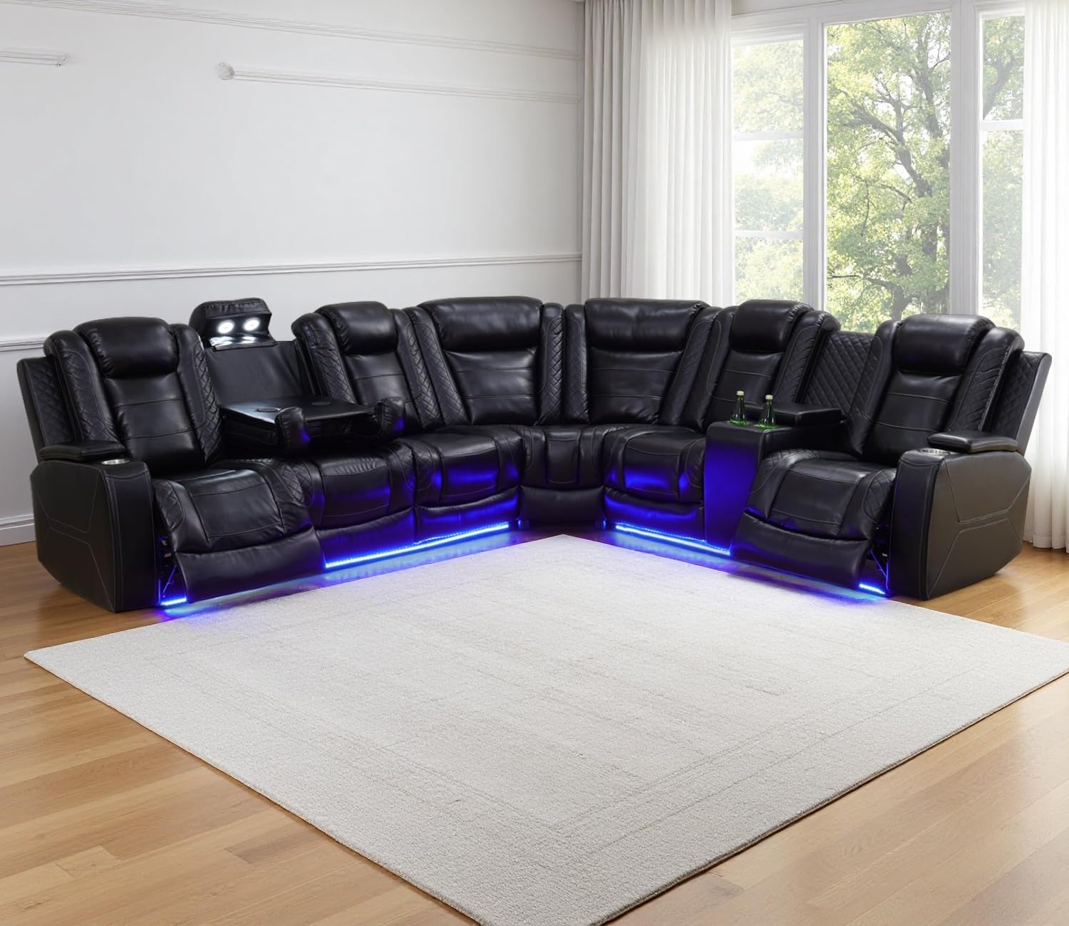 Power Recliner Sofa Sectional Couches with LED Light Leather Reclining Corner Sectional Sofa with 2 Recliner Seats Cup