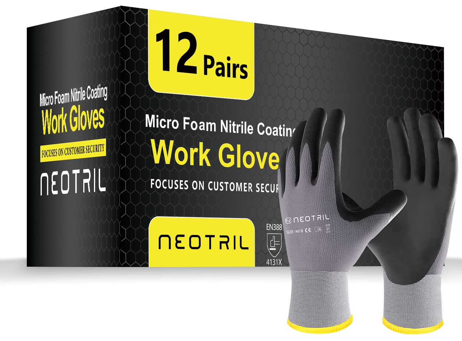 NEOTRIL Safety Work Gloves MicroFoam Nitrile Coated-3/6/12/36 Pairs,Breathable Nylon Working Gloves for Men Women
