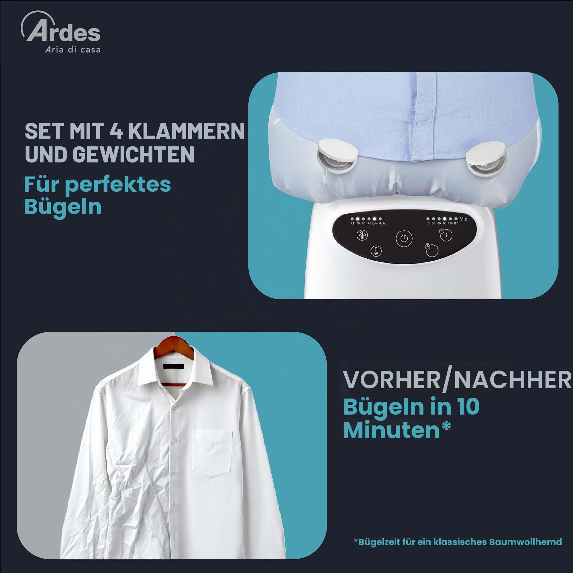 Ardes BLOWY PRIME Automatisches Bügelgerät und Trocknungspuppe 2-in-1, Vertikales Bügeln ohne Falten, 4 Gewichtsclips, Timer und Digitalanzeige