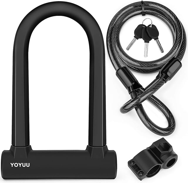 Bike U Lock, Heavy Duty Shackle D Lock with 3 Keys, 1.2m Flex Steel Cable and Mounting Bracket