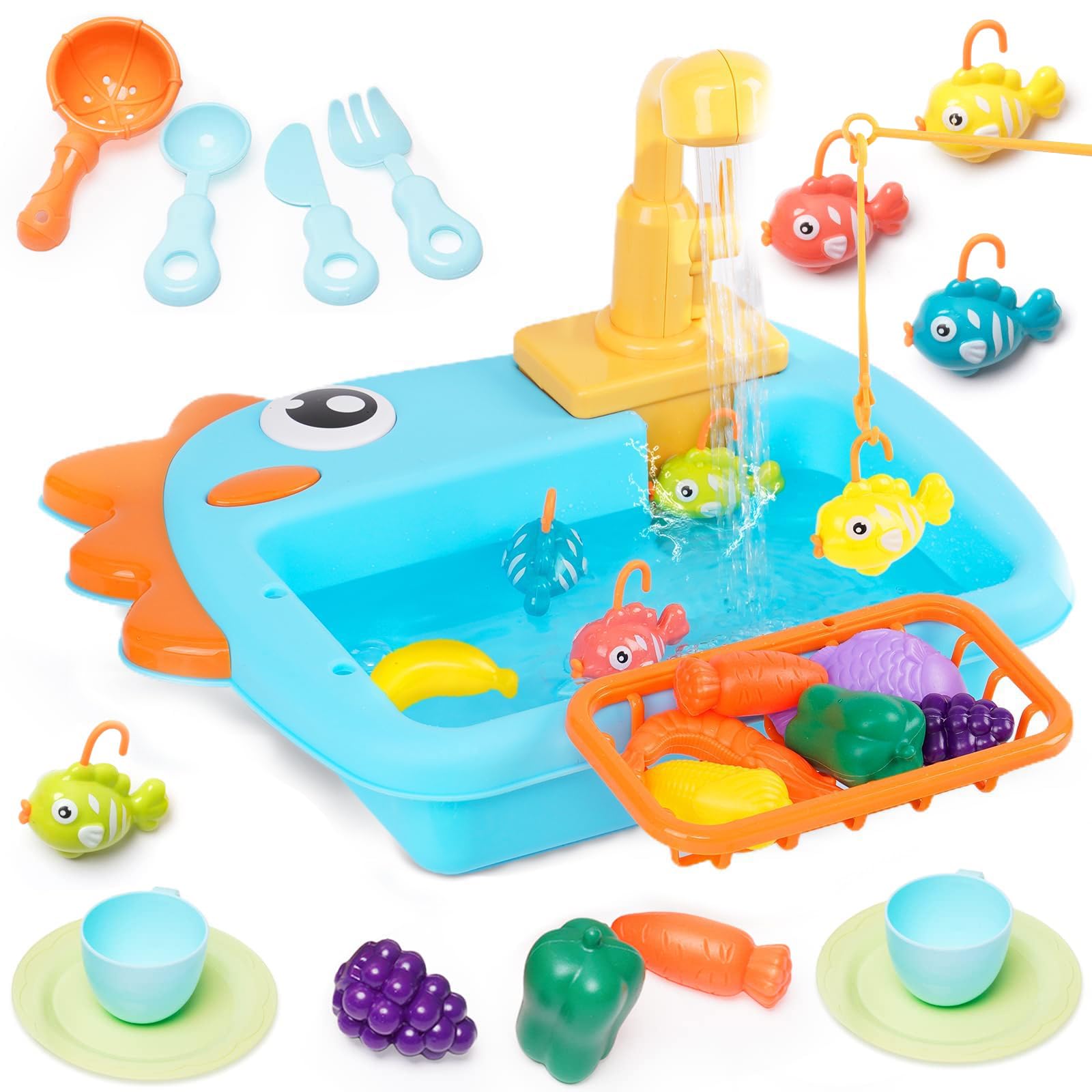 Jouet évier Enfant avec Eau Courante, Lave-Vaisselle Jouet pour Enfants avec Jeu de Pêche, Pots, Légumes et Fruits, Jouets de Cuisine, Dinette Enfant, Jeu de Rôle Cadeaux pour Garçons Filles 3 Ans