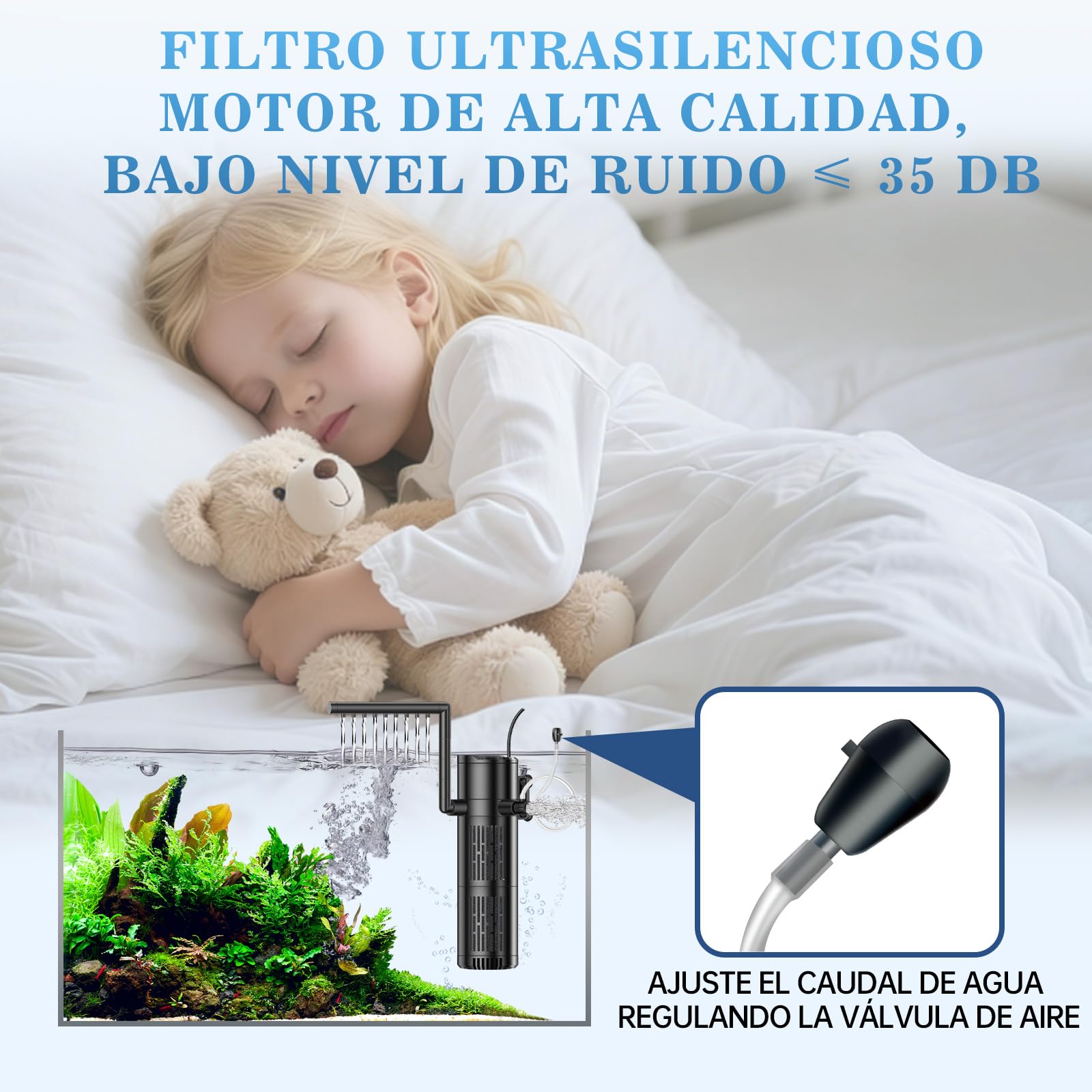 Filtro Interior Acuario, 12W Filtro Pecera Interno Ajustable, 800 L/H Filtro Acuario Bomba Adecuado para Acuarios de Hasta 200L