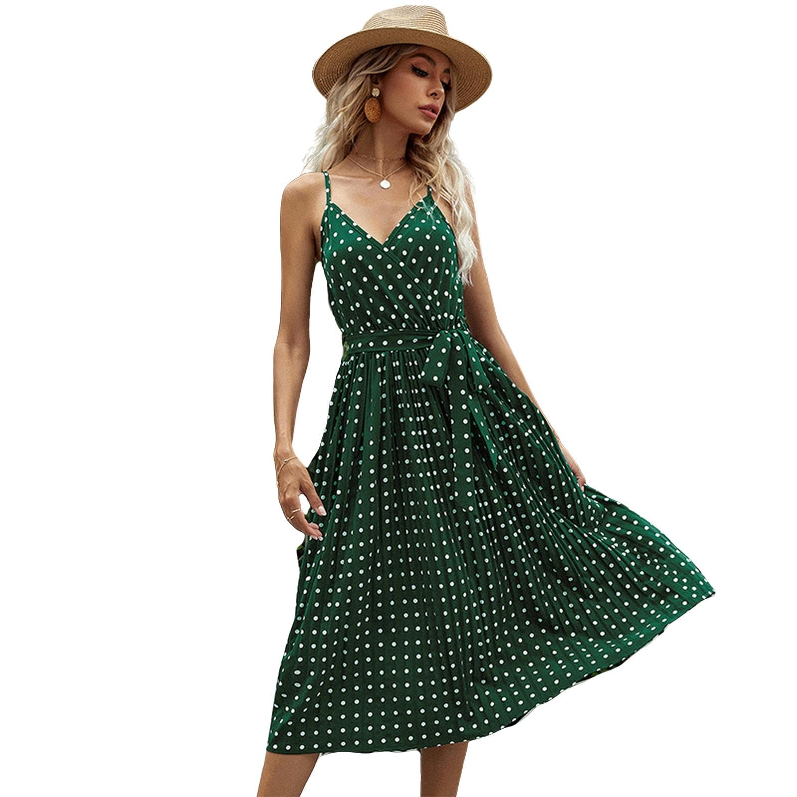 Vestido de verano para mujer, cuello en V, floral, tirantes delgados, vestido de verano casual con bolsillos, vestido midi YYEFNMAZ