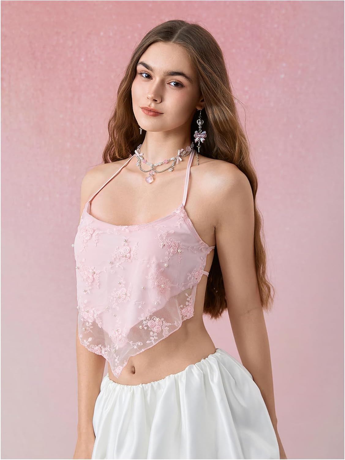 SHENHE Women's Sexy Open Back Halter Top Floral Embroidered Pearl Asymmetrical Y2k Crop Tank - Image 3