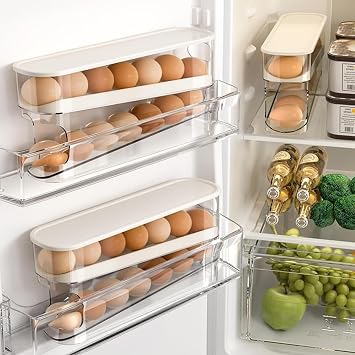 2 Tier Egg Holder for Fridge - Automatic Rolling Egg Container and Egg Storage Boxes with Dispenser Function