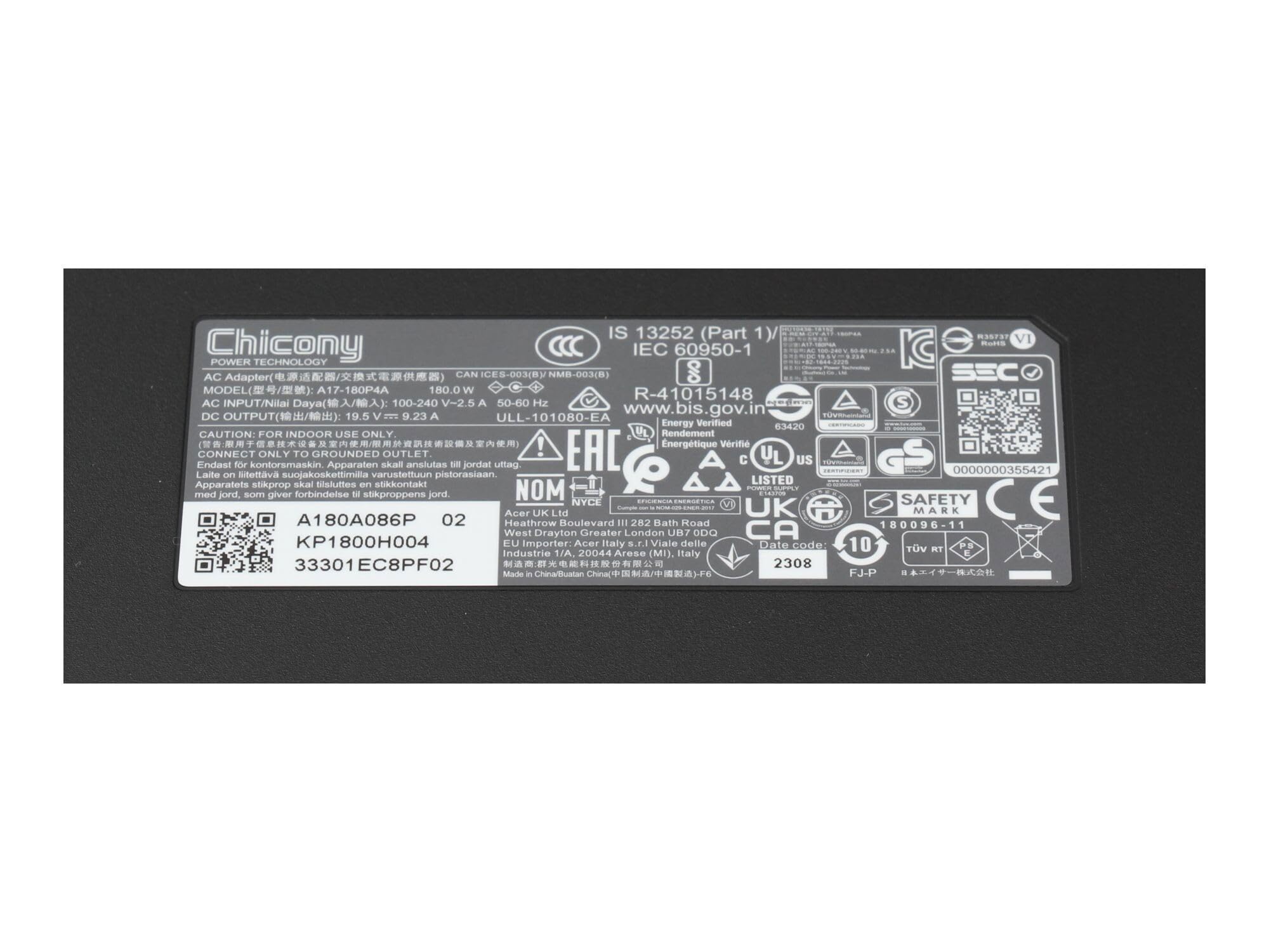 Chargeur Acer Predator Triton 300 (PT315-53) Original – 230W – Mince