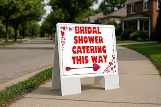 Bridal Shower Catering This Way Red Frame With Hearts Directional Arrows A-Frame Double Sided 23x23 in. sign