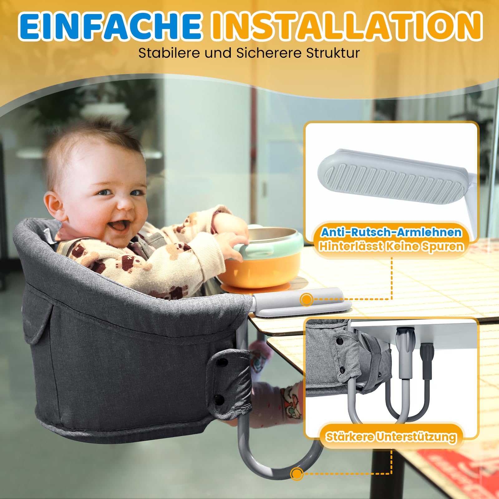 Orzbow Tischsitz Baby mit 5-Punkt-Sicherheitsgurt,Wasserdicht Tischsitz Faltbar Babysitz mit Schultergurt-Polstermatten,Hinterlasse Keine Spuren,Waschmaschinenfest,Ideal für zu Hause und Unterwegs