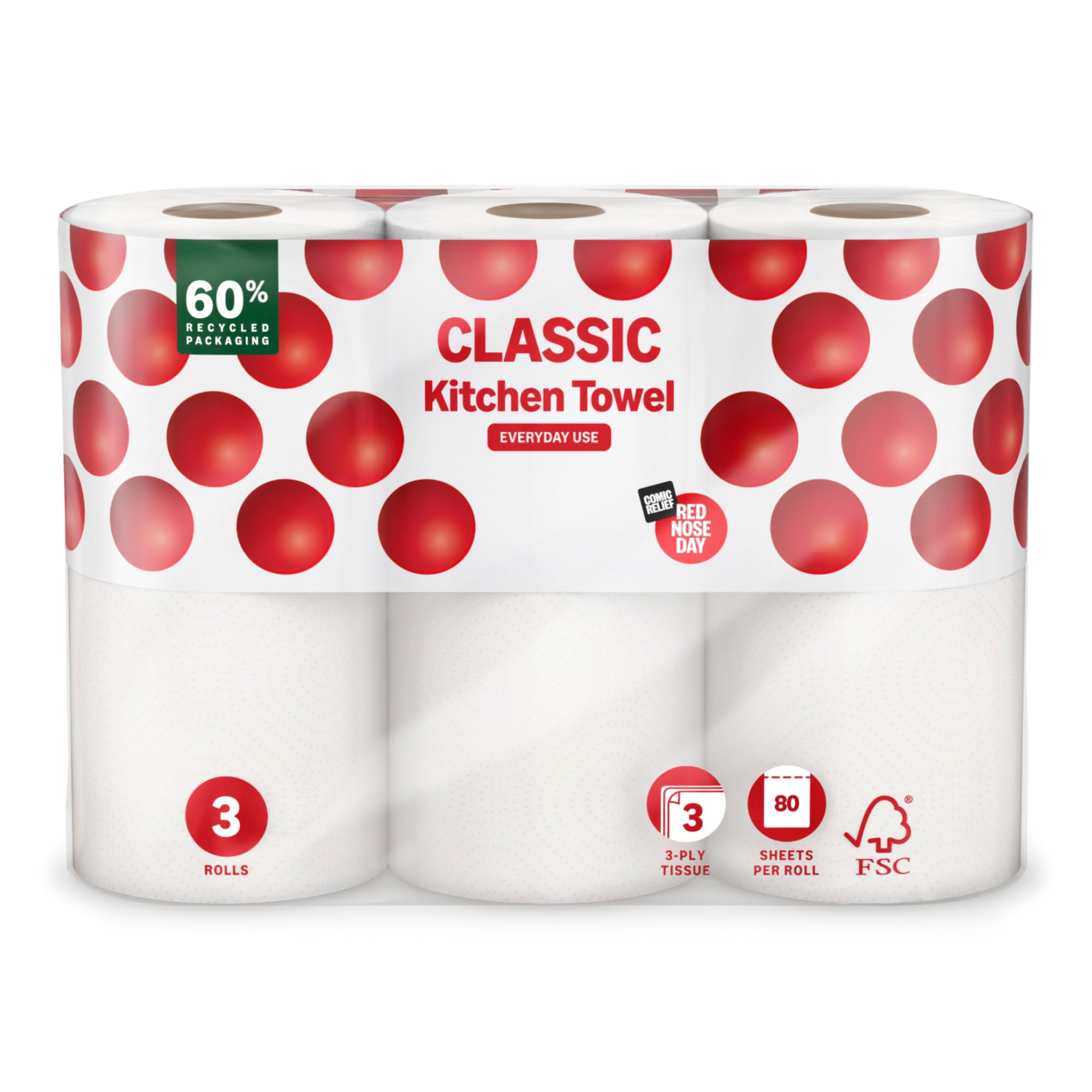 by Amazon Red Nose Day Classic Kitchen Roll, 3 Ply, 3 Rolls, 80 Sheets per Roll – on Behalf of Comic Relief